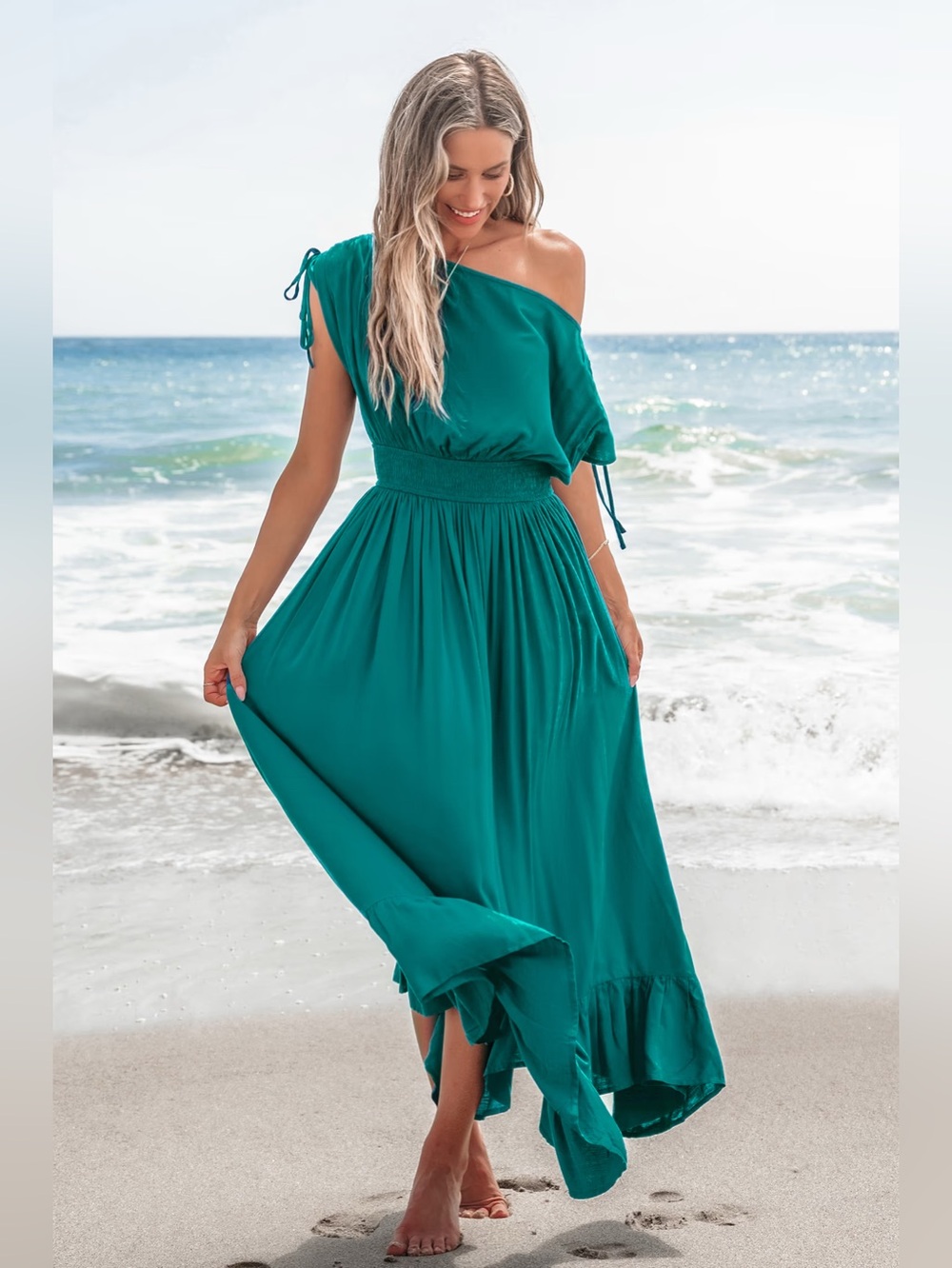 Cupshe: Teal One-Shoulder Smocked Waist Maxi Dress